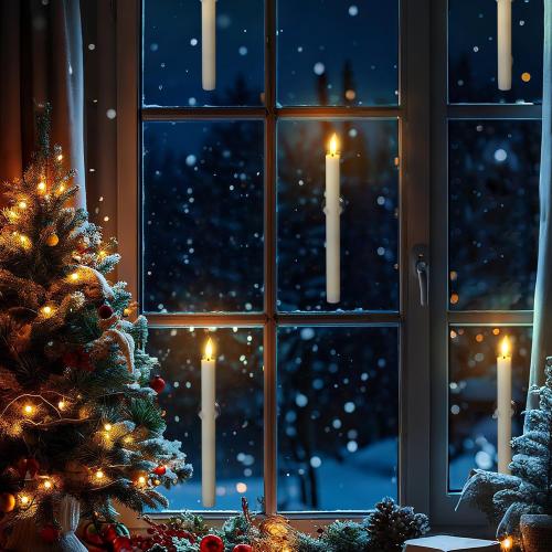 8pcs 0.78 x10 Plastic LED Ivory Flameless Window Candles with Sensors from Dusk to Dawn, Battery Operated Flickering Taper Warm Glow for Festival Decoration with Suction Cups