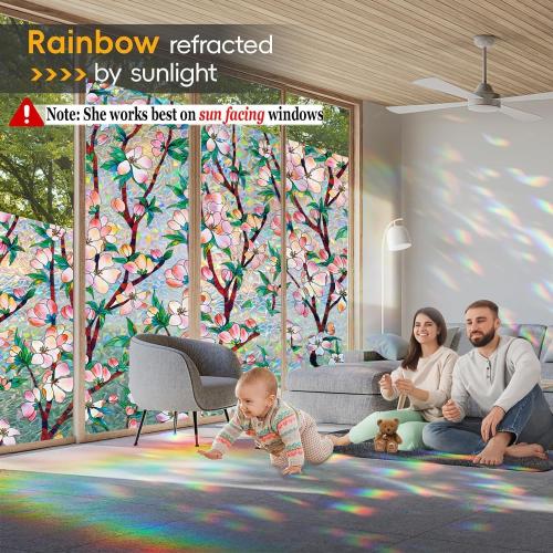 Rainbow Window Privacy Film Decorative, 3D Decals Stained Glass Clings, Static Cling Sticker, Suncatcher Windows Cover Tint for Home,