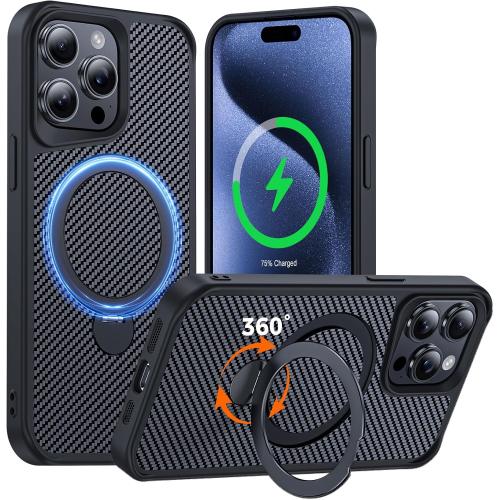 FlyReal Designed for iPhone 15 Pro Max Case with 360° Magnetic Stand, Carbon Fiber Phone Case [Compatible with Magsafe] [16FT Military Protection] with Stand Ring 6.7'', Black