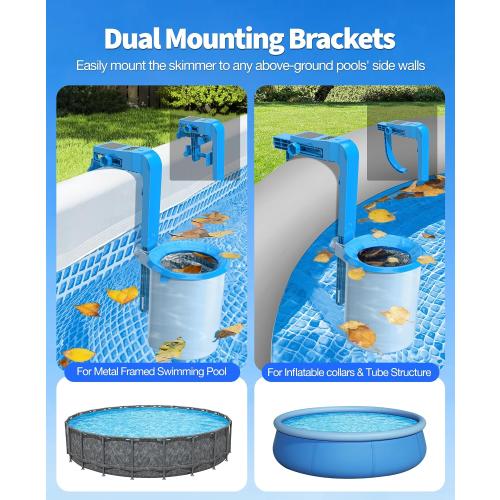 DeeprClean Above Ground Pool Skimmer with Backlit Solar Digital Thermometer | Wall Mount Surface Skimmer with Adjustable Height Bracket, Auto Skimming for Pool Surface Floating Leaves & Debris -Blue