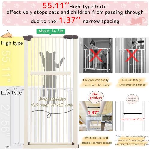 Lumizone Extra Tall Pet Gate 55.12 High Pressure Mounted 63.39-67.90 Extra Wide (9 Sizes) 1.37 Gap for Cat Dog Stairs Doorway Hallway No Drilling Auto-Close (63.39-67.90 W, Cream White)
