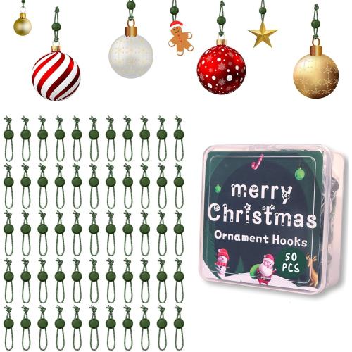50pcs Ornament Anchors for Christmas Tree, Adjustable Non Slip Mini Hangers Hooks, Green Cat Proof Christmas Ball Hangers String Ties
