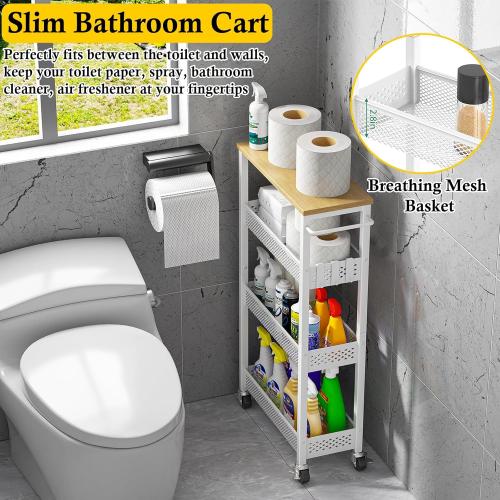 Utility Slim Storage Cart, 4 Tier Small Rolling Kitchen Laundry Room Cart with Wood Top, Metal Narrow Bathroom Storage Cabinet Mobile Shelf Unit Organizer Trolley with Handle for Narrow Space