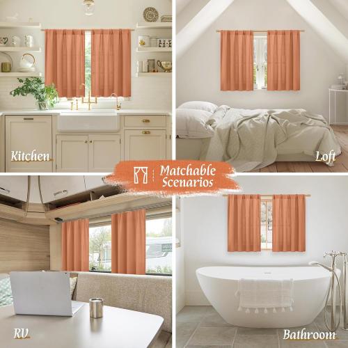 LAMIT Cafe Linen Curtains 36 Inch Length for Small Windows, Rod Pocket Light Filtering Drapes Boho Privacy Window Panels for Kitchen/Bathroom, 2 Panels, 42 x 36 Inch, Terracotta
