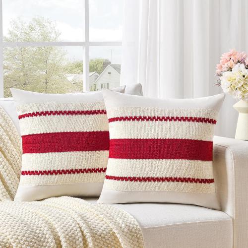 Fancy Homi Set of 2 Boho Red Decorative Throw Pillow Cover 18x18 Inch for Couch Bed Sofa, Aesthetic Modern Organic Farmhouse Home Decor, Soft Cotton Cute Accent Macrame Woven Cushion Case