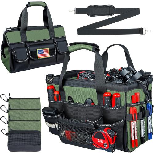 Heavy Duty Tool Bag 16 Inch, 28-Pocket Portable Soft Tool Box Organizer Storage with 4 Detachable Tool Pouch Large Zipper Bag, Handle Tactical Carry Tote Empty Toolbox, Gifts for Men Father Dad