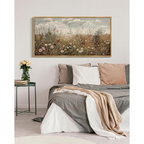 SHENIFY Vintage Landscape Framed Wall Art Meadow with Flowers Farmhouse Decor Retro Wildflower Field Scenery Painting for Hallway Bedroom Living Room Dining Room - 20x40in Natural Framed