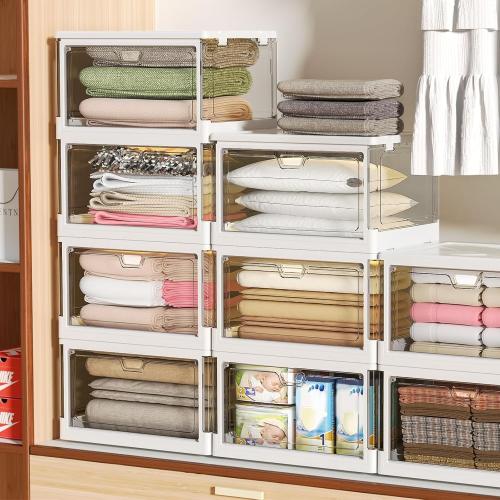 Clear Storage Bin with Lid 3 Pack 【Stackable & Sturdy】 Plastic Multifunctional Folding Storage Bins for Bedroom, Living Room, Study,Room, 23 QT Folding Box with Magnetic Door