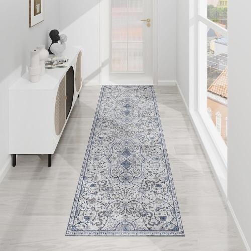SALLOUS Runner Rug for Hallway, 6x2ft Vinyl Floor Mat for Hallway, Non-Slip Kitchen Mat for Home, Waterproof Area Rug for Bathroom, Entryway (Grayish Blue, Bohemian-Style)