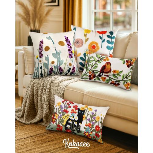Embroidered Throw Pillow Cover - 20x20 Decorative Pillow Cover with Zipper Aesthetic Cute Design Boho Spring Summer Throw Pillowcase for Living Room Couch Sofa Bed, Fall Flower