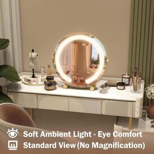 ROLOVE Gold Vanity Mirror with Lights, 12 Inch 3-Color Dimmable Smart Touch Makeup Mirror for Desk, 360° Rotation Tabletop Lighted Mirror for Bedroom, Dressing Room & Daily Grooming