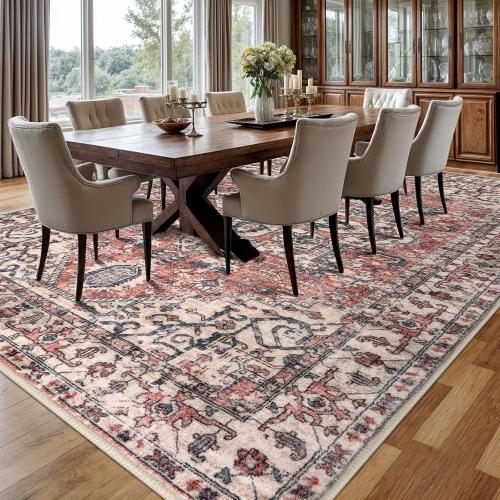 KOZYFLY Area Rug 9x12 Ft Thin Rugs for Living Room Washable Bedroom Rug Non Slip Rugs for Living Room Printed Faux Wool Vintage Bedroom Rug Floor Carpet for Dining Room, Red Salmon/Pink/Navy