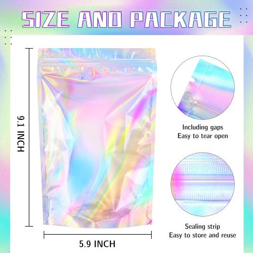 NPLUX 50 Pack Holographic Mylar Bags with Window, 6x9 in Stand Up Pouches