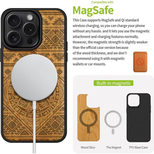 Carveit Magnetic Wooden Case for iPhone 16 Pro Case, Wood Artisan Engraved & Black Soft TPU Shockproof Cover, Compatible with MagSafe Wireless Chargers (Aztec Calendar) Cherry
