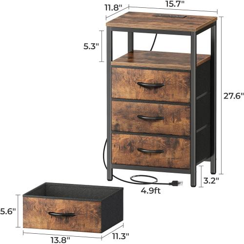 Size 27.6 Color brown Huuger Nightstand with Charging Station, 27.6 Inch Bedside Table with Fabric Drawers, End Table with USB Ports and Outlets, Night Stand for Bedroom, Rustic Brown