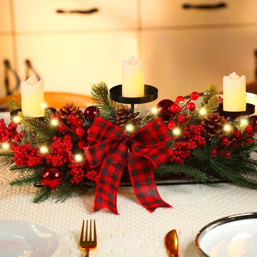 Christmas Centerpiece with 3 Candle Holders 3 LED Candles 1 String Lights Xmas Triple Candelabrum Poinsettia Red Buffalo Plaid Bow Berry Pine Cones with 3 Candle Holders for Tables Home Decorations