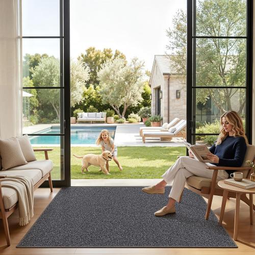 LUMI Ultra Thin Indoor Door Mat for Entrance 48x72, Non Slip Entryway Mat, Low Profile Doormat, Unique Herringbone Design Carpet for Inside, Patio, Porch, Dark Gray