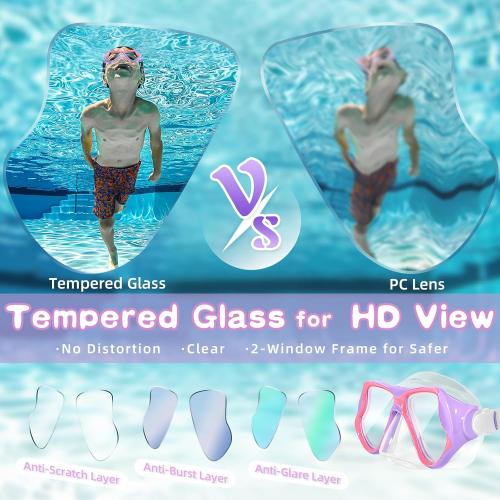 Freela Kids Swim Goggles Mask Tempered Glass Lens 180° View with Nose Cover