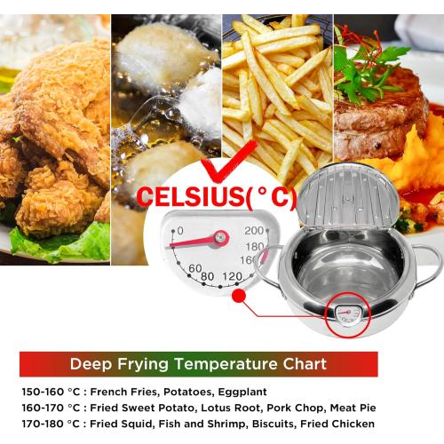 Deep Fryer Pot (°C), 11/4.4Qt (4.2 L) Extra Large Tempura Frying Pot with Lid, 304 Stainless Steel Fry Pot with Temperature Control and Oil Drip Drain Rack