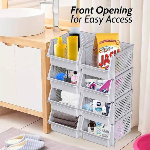TidyFriend Stackable Storage Bins for Pantry, 4 Pack Stackable Bins For Organizing Food, Kitchen, and Bathroom Essentials (Light Grey)