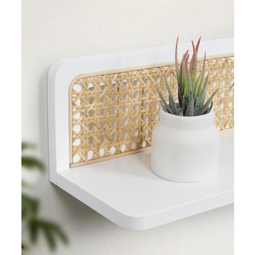 Rattan Wall Shelf 24inch Set of 2, Handmade White Floating Shelves Boho Wall Decor, Rustic Wood Wall Mounted Storage Shelves for Living Room Nursery Bedroom