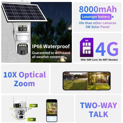 No WiFi Security Camera, 4G LTE Cellular Security Camera, 2K Solar Cellular Cam HD Dual Lens 360° Pan Tilt, Color Night Vision, PIR Motion Detection, IP66 Waterproof with Pre-Installed SIM(White)