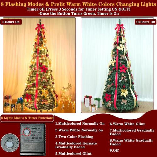 6.5 Ft Pop up Christmas Tree,Prelit 200 Warm White LED Lights,Opens Instantly,Fully Decorated,8 Lighting Modes & Timer,Fire-Resistant,Foldable,Collapsible Xmas Tree Outdoor Indoor Holiday Party Decor