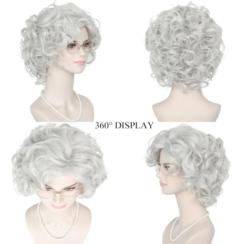 Yan Dream Old Lady Wigs Old Woman Costume Set Silver Grey Grandma Wig Granny Glasses Pearl Necklace for Halloween