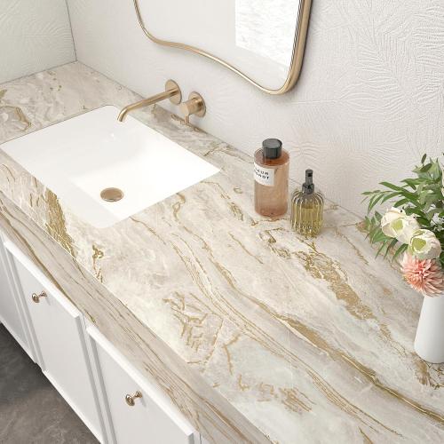 FunStick 36x200 Thick Gold Beige Marble Contact Paper Peel and Stick Countertops for Kitchen Cabinet Wallpaper Waterproof Removable Marble Wall Paper Vinyl Wrap for Bathroom Counter Tops Table Desk