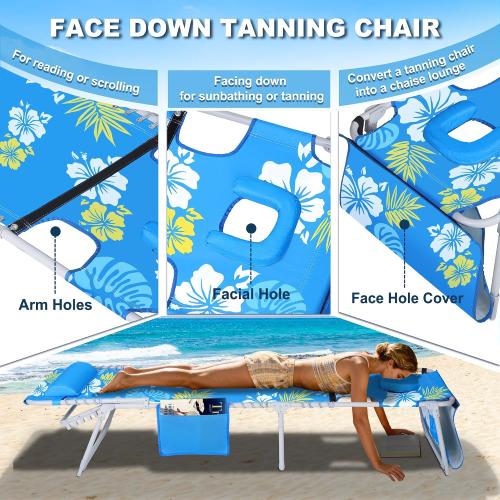 Luxfero 3-in-1 Beach Lounge Chair with Umbrella, Sun Tanning Chair with Face Hole&5-Position Recliner, Folding Lounge Chair Outdoor Lay Flat, Max 350lbs,Portable Tanning Chair with Pillow&Pocket-Blue