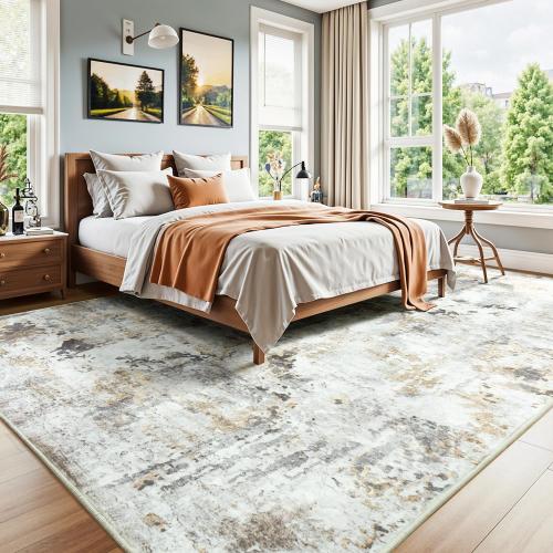 Area Rugs 9x12 Living Room, Large Soft Washable Abstract Neutral Bedroom Rug, Non-Slip Stain Resistant Floor Carpet for Dining Room Nursery, Brown/Grey