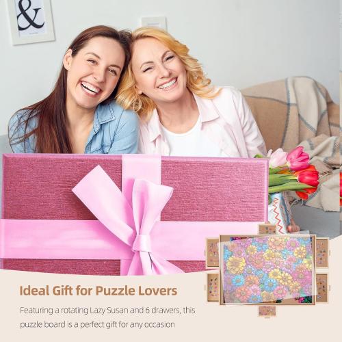 1500 Pieces Rotating Puzzle Board with 6 Drawers, Lazy Susan & Transparent Cover, 34.2x25.2 Portable Wooden Jigsaw Puzzle Board, Great Gift for Puzzle Enthusiasts