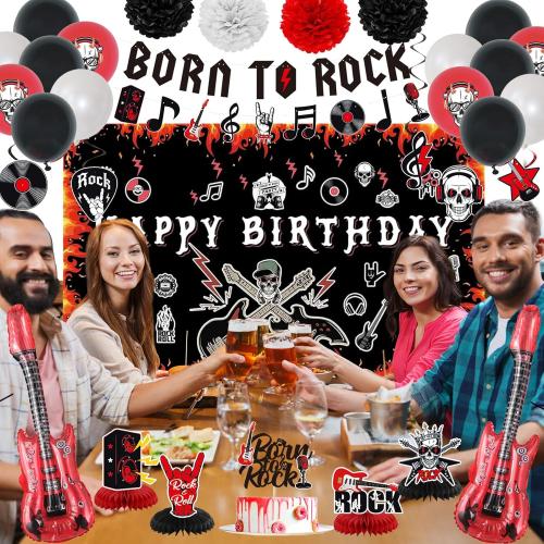 Crenics Rock and Roll Birthday Party Decorations - Happy Birthday Backdrop, Born to Rock Banner, Swirls, Honeycomb, Paper Pom Poms and Balloons for Star Music Decorations