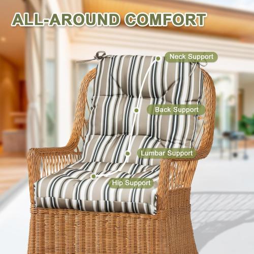 COOS BAY Tufted High Back Chair Cushions, 42x21 Inch Outdoor Patio Furniture Cushions, Water Resistant Rocker Seat Pads, 2 Pack, Beige Stripes