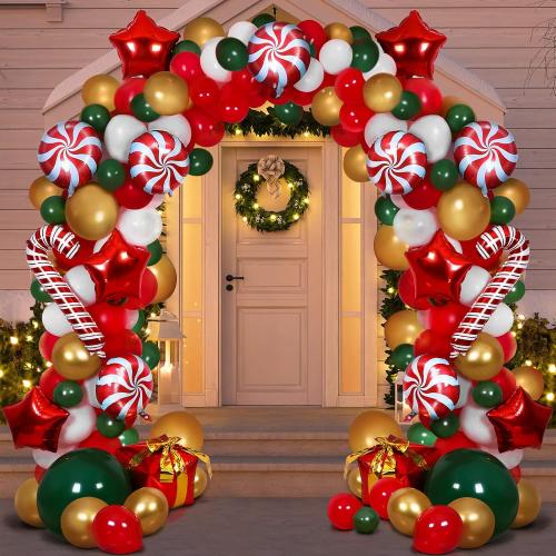 RUODON Christmas Balloon Arch Kit - 233 Pieces with Candy, Cane, Latex, Gift Box & Star Balloons for Party Decorations