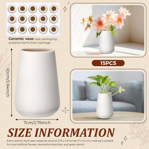 Tioncy 15 Pack White Ceramic Bud Vases Bulk Boho Small Flower Vase White Ceramic Vases for Centerpieces for Dry Flowers Pampas Grass Home Wedding Table Decor (3.9*2.76,Basic)