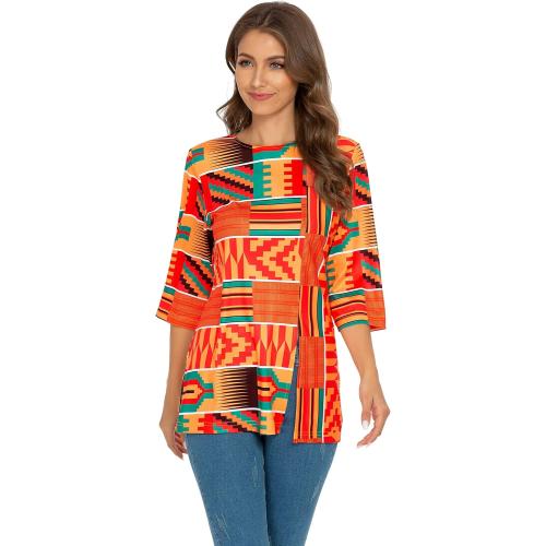Medium, Afibi Womens Print Shirt African Dashiki 3/4 Sleeve Boho Loose Tunic Tops