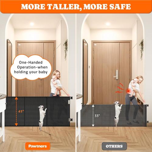 Pawtners Retractable Baby Gates Extra Wide, 41 Tall Extends up to 71 Wide, Dog Gate Indoor for Stairs, Pet Gate with Support Rods for Doorways Hallways Indoor & Outdoor-Black
