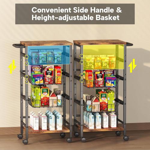 5-Tier Snack Organizer Cart with 3 Height Adjustable Pull-Out Baskets and 2 Storage Shelves, Utility Kitchen Organizer and Storage Cart with Convenient Handle for Fruit Potato Onion Vegetable Snack