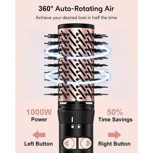 Pink and Black Terviiix 4-in-1 Hot Air Rotating Blow Dryer Brush Kit – 1000W with Rotatable Round Brushes (2 Sizes), Oval Volumizer, and Diffuser – Ideal for Curly Hair, with Arthritis-Friendly Big Buttons, Black