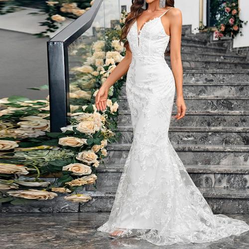 Size M/L ....Lace Mermaid Wedding Dresses for Bride 2024 Summer Beach Tulle Long Bridal Gowns V Neck Backless Bodycon Maxi Dresses
