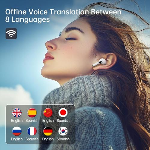 White Ai Translation Earbuds Real Time, 144-Language Translator Earbuds with Accent Support & 8-Language Offline Translator Device - Two Way Translation Headphones for Language, Learning, Travel, Business