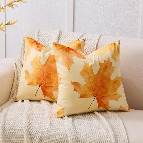 Fall Pillow Covers 18x18 Set of 2 - Burnt Orange Maple Leaf Throw Pillow Covers, Autumn Decorations Decorative Velvet Cushion Cases for Couch Sofa Home Decor