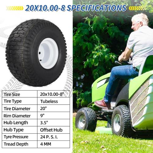 20x10.00-8 Lawn Mower Tire and Wheel, 4 Ply Tubeless Tire, Replacement 20x10-8nhs Riding Lawn Mower and Tractor Rear Tire and Wheel Assemblies, 3.5 Offset Hub, 3/4 Borehole, and 3/16 Keyway