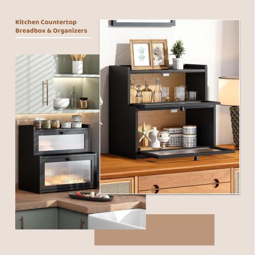 FILWH Bread Box for Kitchen Countertop Double Layer Large Corner Bread Box Capacity Bread Storage Bin Farmhouse Breadbox Container Organizer Cabinet Cupboard Black