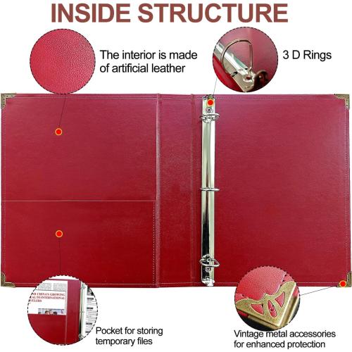 Vintage Leather 3 Ring Binder, 2 Inch D Ring, Holds 8.5 x 11 Paper Letter Size, Brass Corner Protectors, Faux Leather Cover, Professional Office & School Binder (1 Pack, Red, 2 Inch)