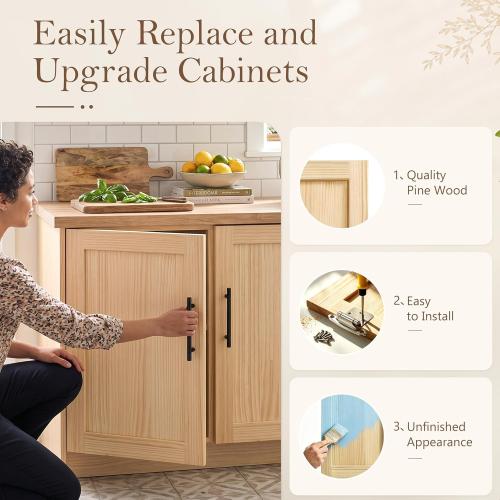 2 Pack Unfinished Pine Shaker Cabinet Doors 13.25 W x 29 H | Solid Wood Replacement Door Fronts With Soft-Close Hinges & Handles; Fits Kitchen Cabinets, Bathroom Vanity, Closet Storage