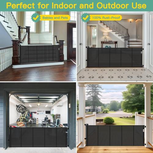 Reinforced 60 Wide Retractable Baby Gates with Upgraded Rods - Bottom Anti-Escape, 5 ft Mesh Baby Gate Retractable Dog Gate Indoor Pet Gate Retractable Stair Gate Outdoor Retractable Gate, Black