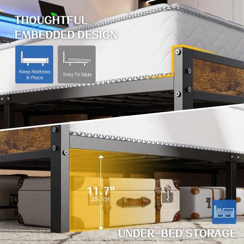 Full Size Platform Bed Frame with LED Lights, Charging Station, Grey Upholstered Headboard with 2-Tier Storage Shelves, Noise Free, No Box Spring Needed