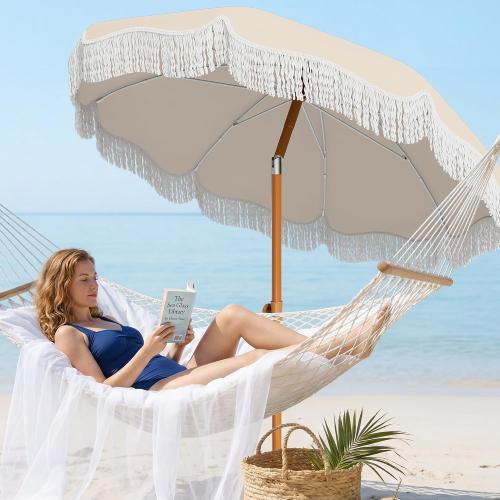 AreShark 7ft Patio Umbrella with Fringe, UPF50  Beach Umbrella for Table, Pool & Garden, Portable Outdoor Tassels Umbrella w/Fiberglass Ribs&Push Bottom Tilt(Ivory)